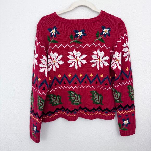 Eddie Bauer Womens Vintage Knit Sweater Size S 100% Cotton Floral Winter Red - Picture 3 of 7